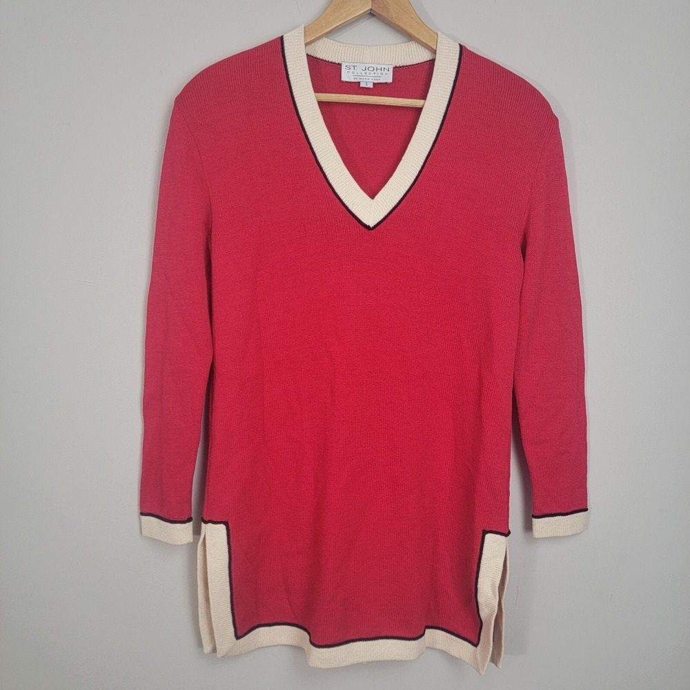 St. John Collection By Marie Gray Womens Red V Neck Pullover Knit Sweater Size S